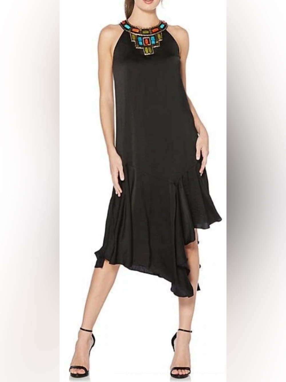 Laundry By Shelli Segal Black High-Low Halter Dress colorful Beading Y2K size 6